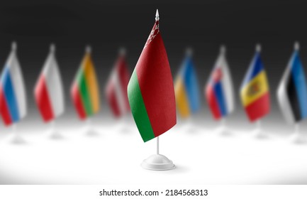 The national flag of the Belarus on the background of flags of other countries