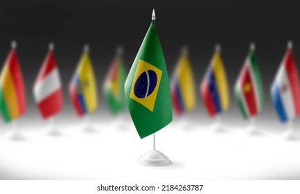 The national flag of the Brazil on the background of flags of other countries