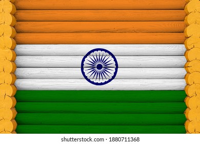 National flag  of India
 on a wooden wall background. The concept of national pride and a symbol of the country. Flags painted on a house