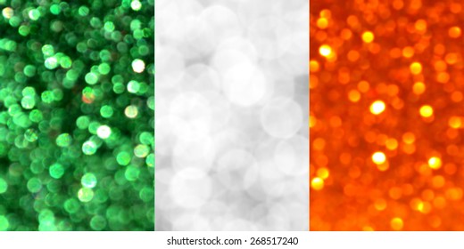 The National flag of Ireland made of bright and abstract blurred backgrounds with shimmering glitter