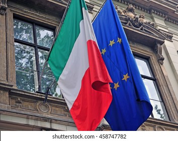 National Flag Of Italy And European Union (EU) On The Building