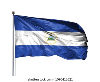 National flag of Nicaragua on a flagpole, isolated on white background