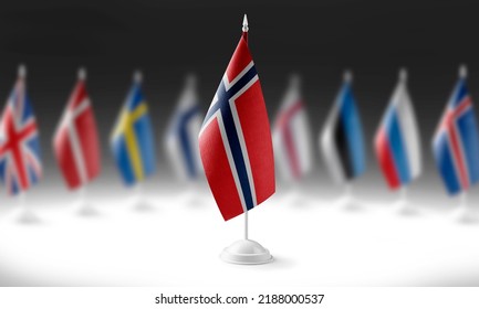 The national flag of the Norway on the background of flags of other countries