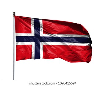 National Flag Of Norway On A Flagpole, Isolated On White Background