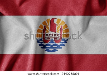National Flag on Textured Fabric Background. Silk textured flag, realistic wave and flag look. PF  Flag of French Polynesia