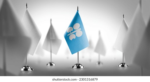 The national flag of the Organization of the Petroleum Exporting Countries surrounded by white flags.