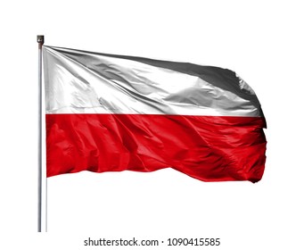 National Flag Of Poland On A Flagpole, Isolated On White Background