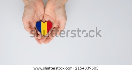 The national flag of Romania of arms in female hands. Flat lay, copy space.