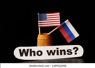 A National Flag Of Russia And America. New Cold War Is Here Or Never Cold War Ending? Black Background