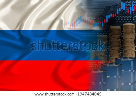 national flag of Russia on silk, barrels of oil, metal coins, oil futures trading concept, growth of DBO index on stock exchange, global world trade, falling and rises oil prices
