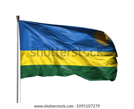 National flag of Rwanda on a flagpole, isolated on white background