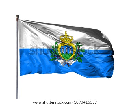 National flag of San marino on a flagpole, isolated on white background