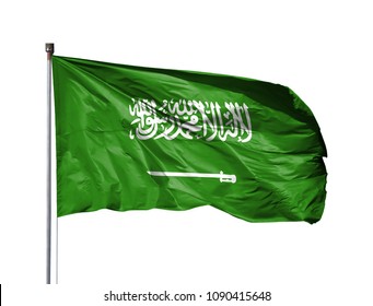 National Flag Of Saudi Arabia On A Flagpole, Isolated On White Background