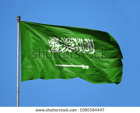 National flag of Saudi Arabia on a flagpole in front of blue sky