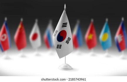 The national flag of the South Korean on the background of flags of other countries