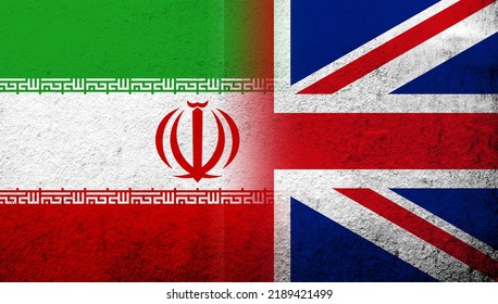 National Flag Of United Kingdom (Great Britain) Union Jack With The Islamic Republic Of Iran (Persia) National Flag. Grunge Background