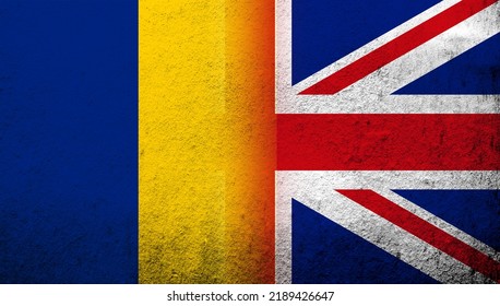 National Flag Of United Kingdom (Great Britain) Union Jack With National Flag Of Romania. Grunge Background