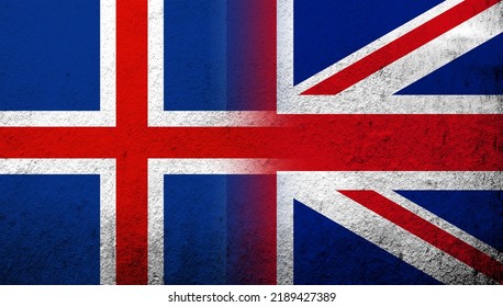 National Flag Of United Kingdom (Great Britain) Union Jack With National Flag Of Iceland. Grunge Background