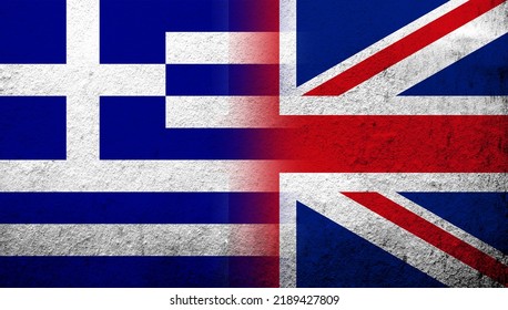 National Flag Of United Kingdom (Great Britain) Union Jack With National Flag Of Greece. Grunge Background