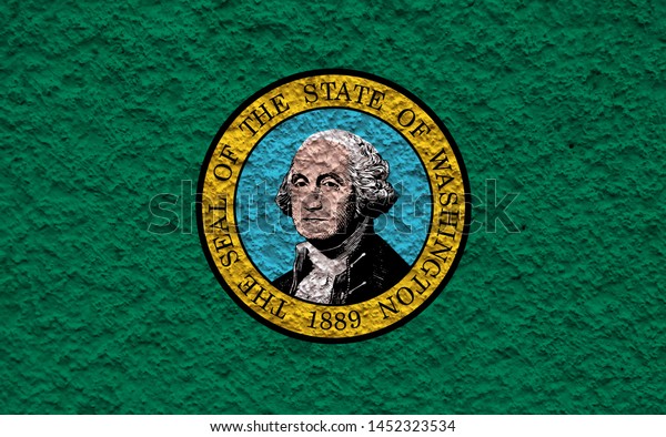 The national flag of the US state Washington in\
against a gray wall with stony surface on the day of independence\
in green and yellow. Political and religious disputes, customs and\
delivery.