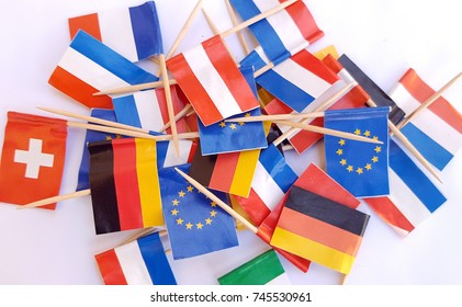 National flags of different countries, miniature paper flag pointer on white background