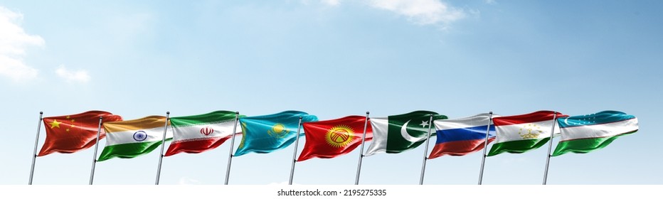 The National Flags Of The Nine Countries Which Are Full Member States Of The Shanghai Cooperation Organization (SCO) International Alliance