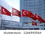 National flags of Republic of Turkey waving in front of the Ministry of Foreign Affairs Building