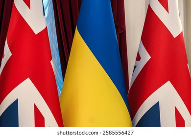 National flags of Ukraine and the United Kingdom in Kyiv, Ukraine