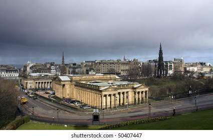 National Gallery In Edinburgh Scotland With Very Dark Clouds Looming