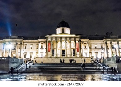 National Gallery In Trafalgar Square At Night, London. The Gallery Houses A Collection Of Western European Painting From The 13th To The 19th Centuries.