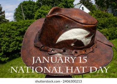 National Hat Day January 15 15th. Leather and cowhide cowboy hat. Celebrate. Annual calendar event. Hats. Appreciate appreciation. Accessories.  - Powered by Shutterstock