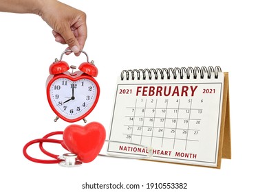 National Heart Month Calendar With Heart, Clock And Stethoscope