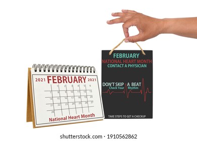 National Heart Month Calendar And Sign On White Background