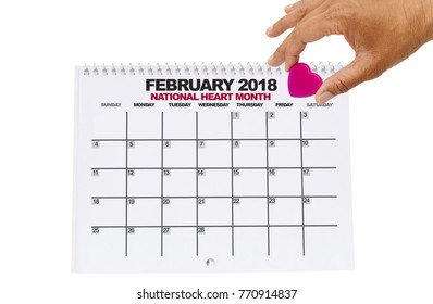 National Heart Month February 2018 Calendar White Background