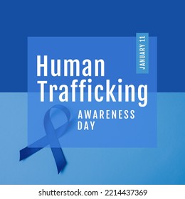 National human trafficking awareness day and 11th january text with blue awareness ribbon. Blue background, illustration, copy space, support, crime, freedom, awareness and prevention concept. - Shutterstock ID 2214437369