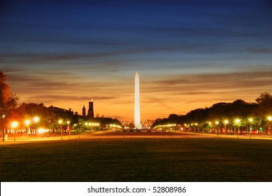 National mall illuminated at night, Washington DC.