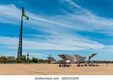 National Mast Of Brasília And Pantheon Of The Fatherland And Liberty - Memorial Tancredo Neves, Distrito Federal, Brazil On August 14, 2008. Flag Of Brazil.