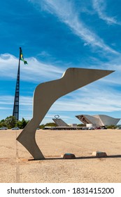 National Mast Of Brasília And Pantheon Of The Fatherland And Liberty - Memorial Tancredo Neves, Distrito Federal, Brazil On August 14, 2008. Flag Of Brazil.