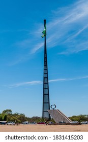 National Mast Of Brasília And Pantheon Of The Fatherland And Liberty - Memorial Tancredo Neves, Distrito Federal, Brazil On August 14, 2008. Flag Of Brazil.