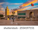 The National Monument of the Kasbah, iconic Tunisia landmark with Tunisian flags, located at Kasbah Square in Tunis downtown, next to the Town Hall.