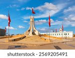  The National Monument of the Kasbah, iconic Tunisia landmark with Tunisian flags, located at Kasbah Square in Tunis downtown, next to the Town Hall.