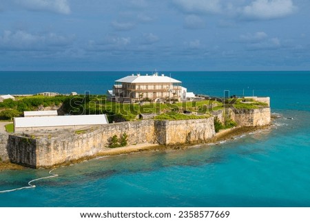 National Museum of Bermuda aerial view including Commissioner's House and rampart at the former Royal Naval Dockyard in Sandy Parish, Bermuda. 