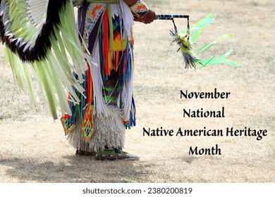 National Native American Heritage Month November. Indigenous pride. Native man in regalia. Feathers, ribbons, moccasins. Text on original photo. Indian. Alaska. Culture. Tradition. Contributions. - Shutterstock ID 2380200819