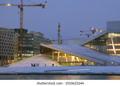 National Oslo Opera House with the new constructing blocks on the background. January 4, 2018.