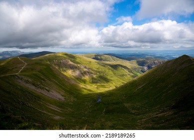 National Park Lake District, Helvellyn Hills, view while climbing Lake Thirlmere and Red Tarm, crossing Striding Edge and Swirral Edge during fog, 2022. - Shutterstock ID 2189189265