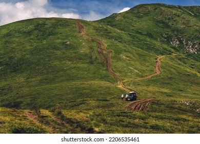 National Park Lanscape With Tiny People And Car