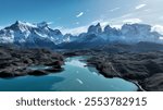 National Park Of Torres Del Paine In Puerto Natales Chile. Snowy Mountains. Glacier Landscape. Puerto Natales Chile. Winter Background. National Park At Torres Del Paine In Puerto Natales Chile.