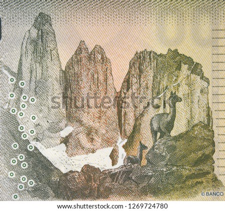 National Park of Torres del Paine on Chilean 1000 peso (2011) banknote close up,  Chile money.