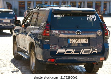 National Police (Policia) Of Spain With Toyota Land Cruiser SUV Cars In Plaza Mayor From Madrid, 2022. Law Enforcement.