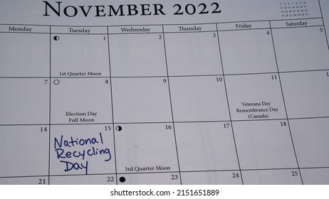 National Recycling Day Written On A Calendar On November 15, 2022                             